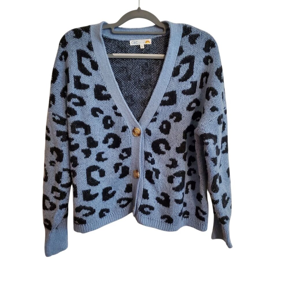C‎ & C California Blue Leopard Print V-Neck Cardigan Large